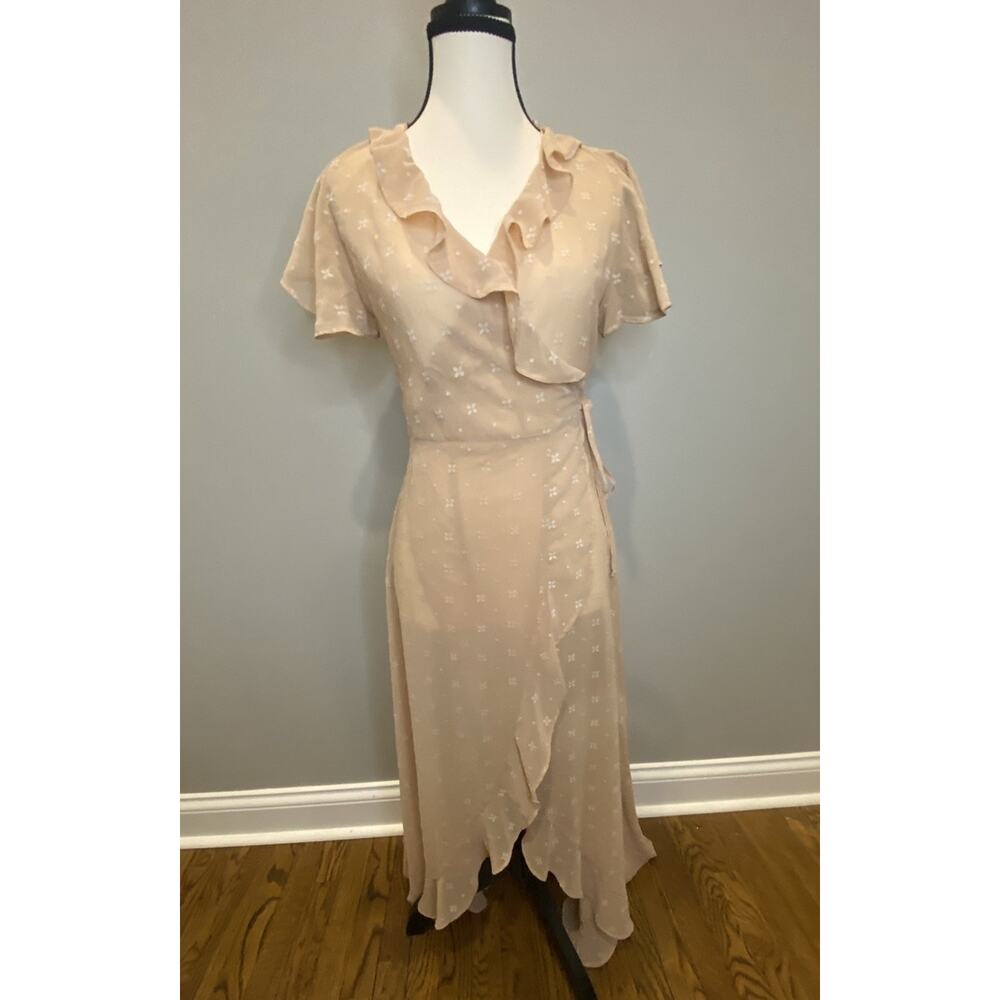 GB Peach Floral Chiffon Wrap Dress Ruffle Midi Maxi Tie Waist Womens S - Picture 2 of 6
